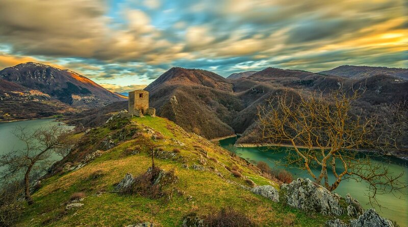 Ancient Tower on Hill — Green, Dramatic