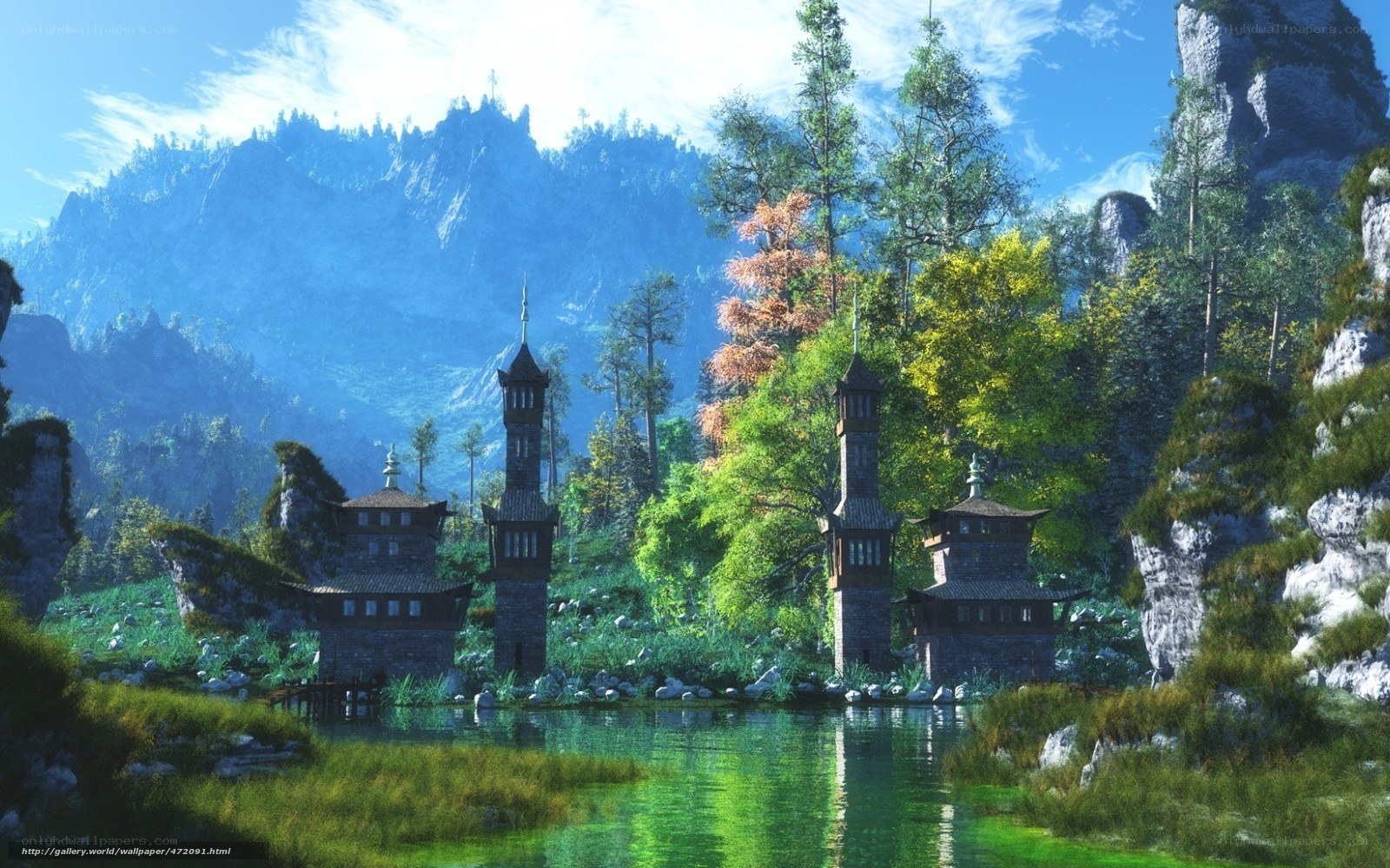 Ancient towers in a mountain valley