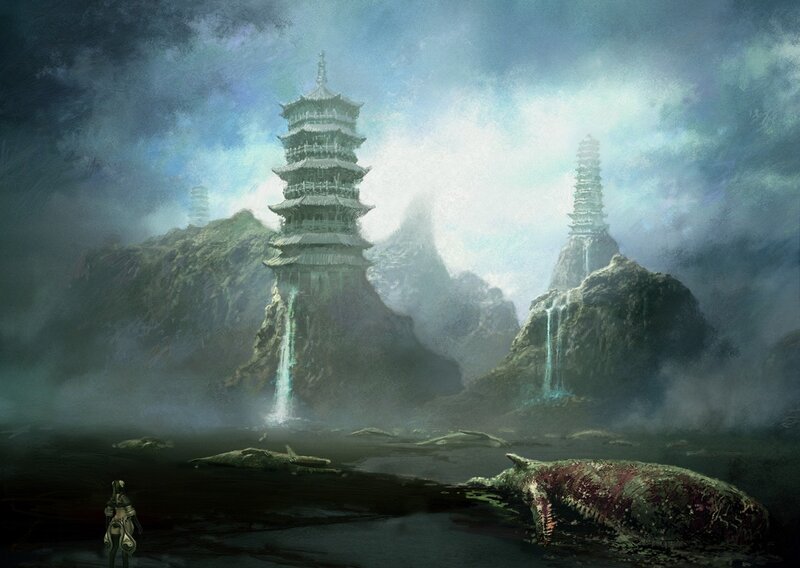 ancient towers in misty landscape