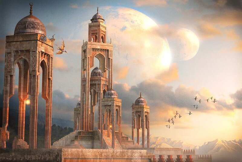 Ancient Towers with Moons — Orange