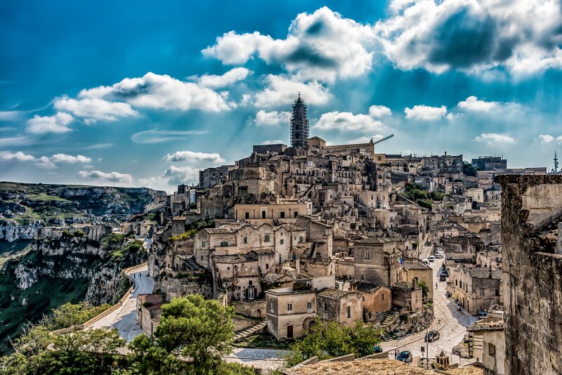 Ancient Town on Hillside — Blue, Dramatic
