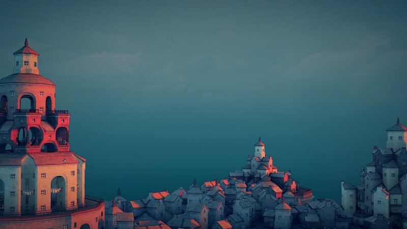 Ancient Town on Hillside — Teal