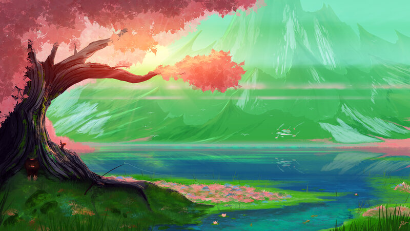 Ancient Tree by Lake — Green, Serene