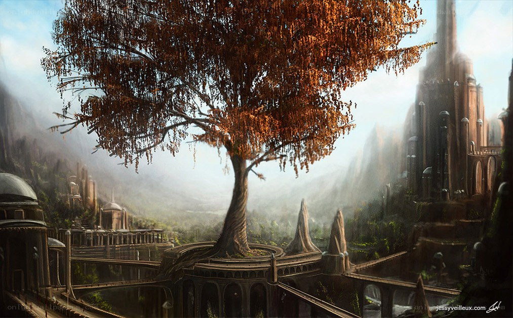 ancient tree in a futuristic city