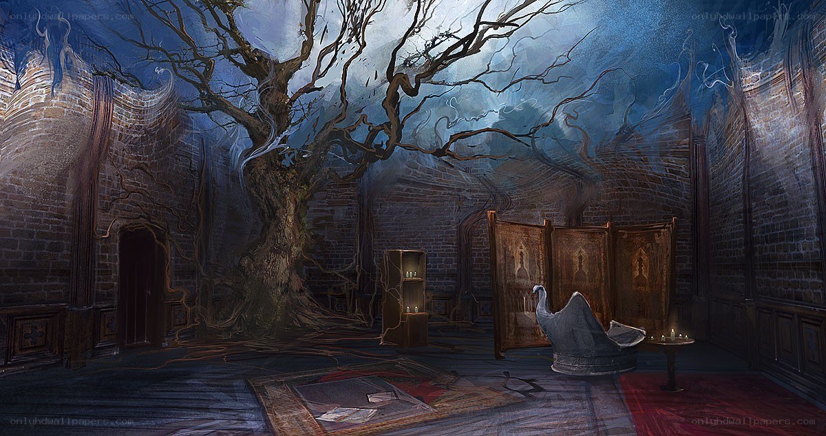 ancient tree in a stone chamber