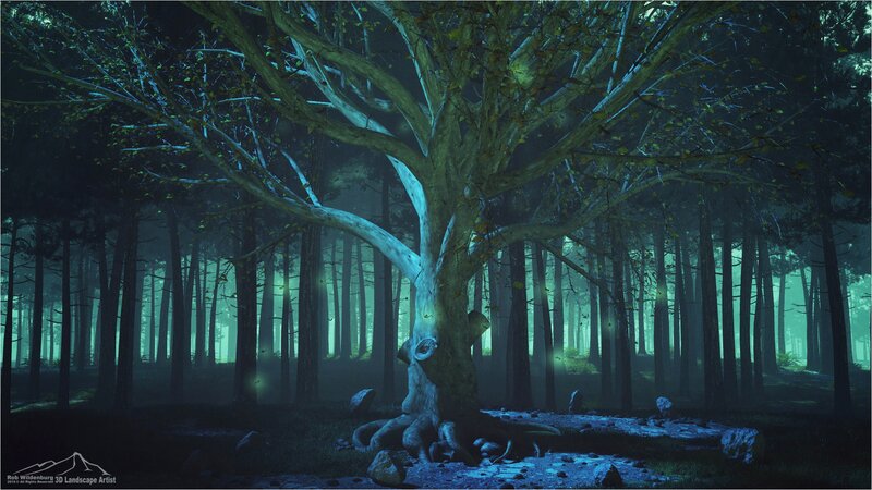 Ancient Tree in Forest — Green, Mysterious, Night