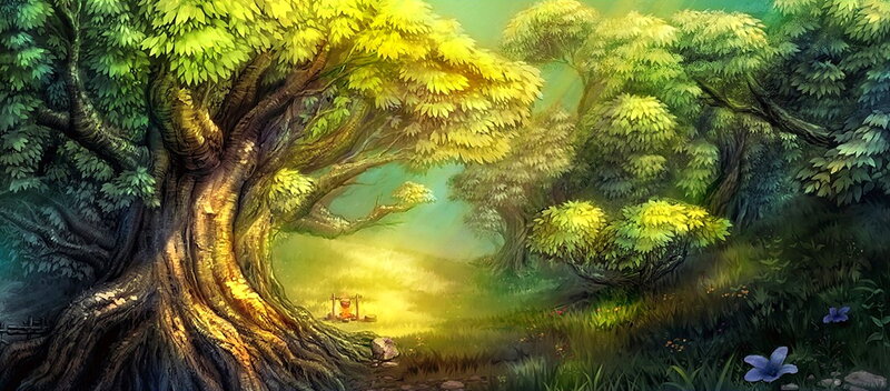 Ancient Tree in Forest — Green, Serene, Afternoon, Digital Art