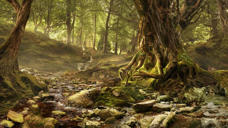 Ancient Tree in Forest — Green, Serene, Morning, Digital Art, Stream
