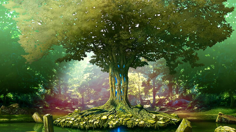 Ancient Tree in Forest — Green, Serene, Morning, Digital Art