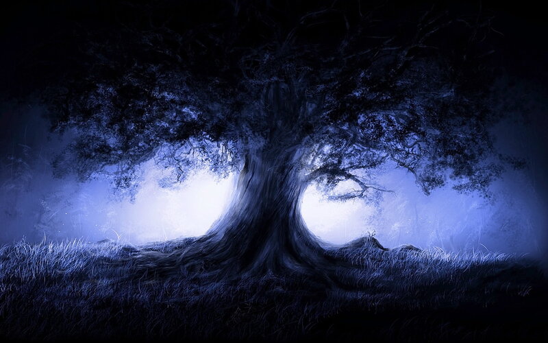 Ancient Tree in Mist — Blue, Mysterious, Night, Digital Art