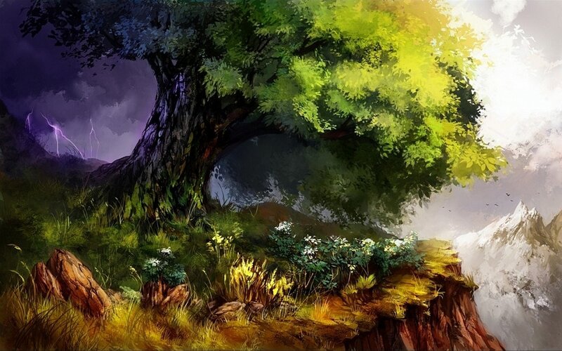 Ancient Tree on Cliff — Green, Dramatic, Night