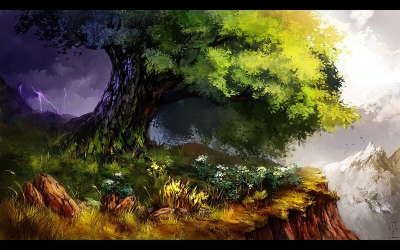 Ancient Tree on Cliff — Green, Dramatic