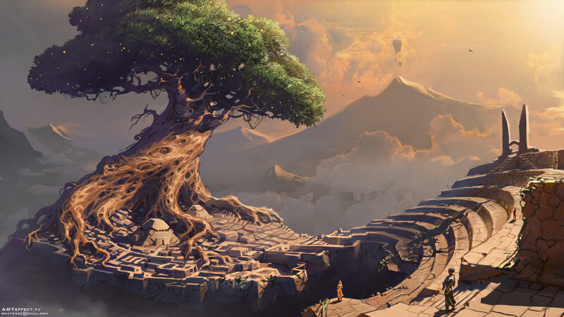 Ancient Tree on Cliff — Green, Serene