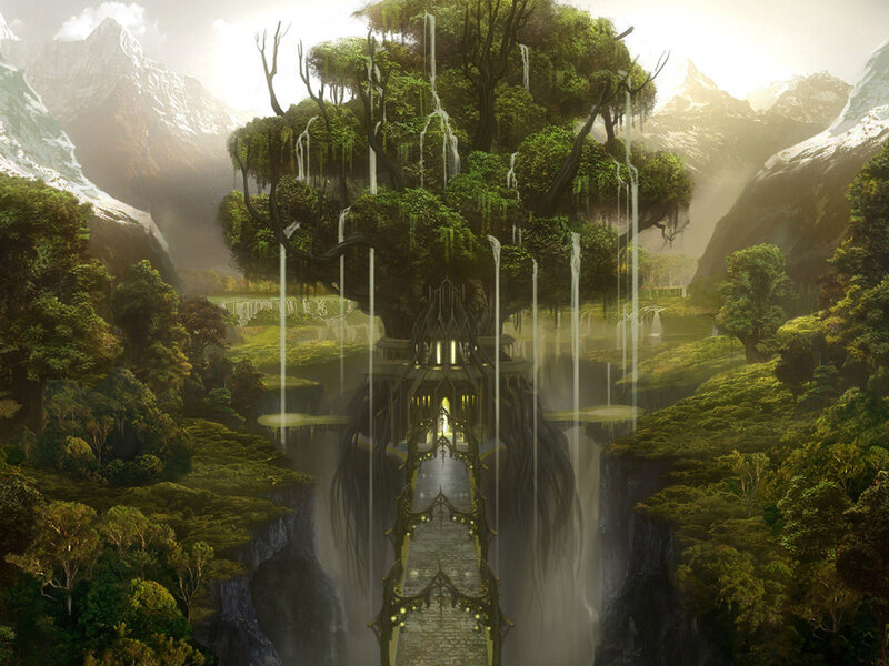 Ancient Tree Temple — Green, Serene, Morning, Digital Art, Mountains, Forest