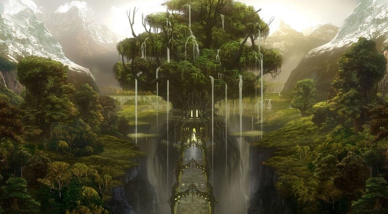Ancient Tree Temple — Green, Serene, Morning, Digital Art