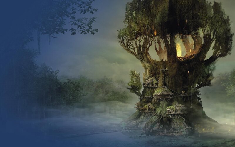 ancient tree village at night