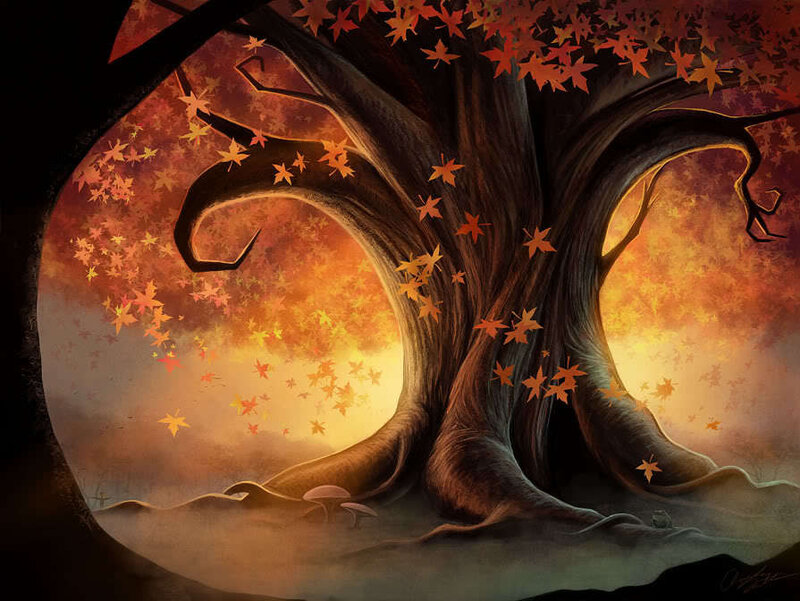 Ancient Tree with Autumn Leaves — Orange, Serene