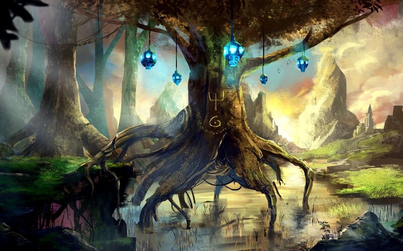 ancient tree with glowing lanterns