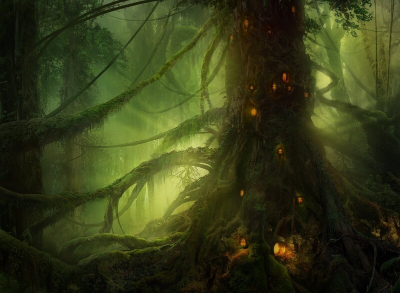 Ancient Tree with Glowing Lights
