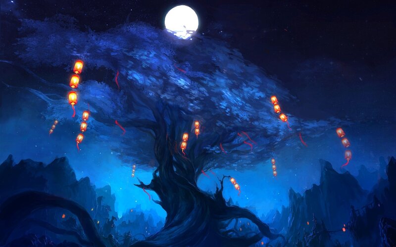 Ancient Tree with Lanterns — Blue
