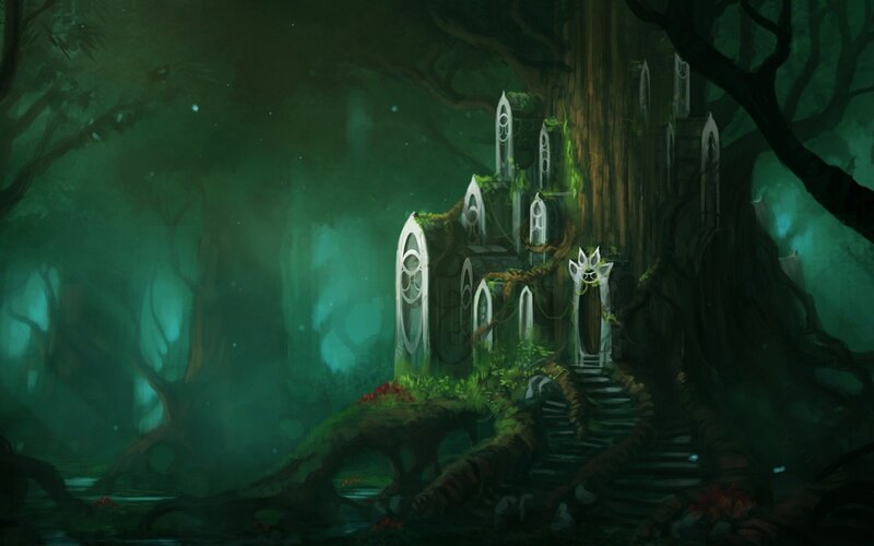 ancient treehouse in enchanted forest