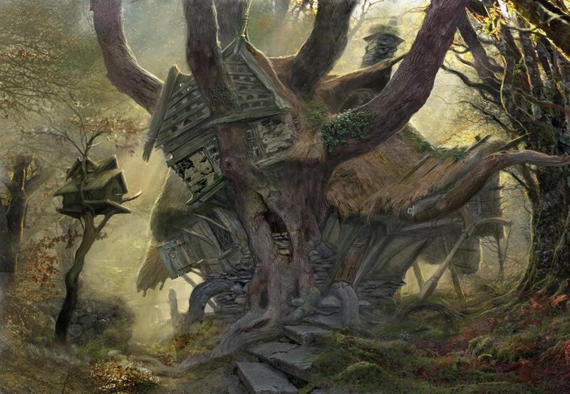 ancient treehouse in misty forest