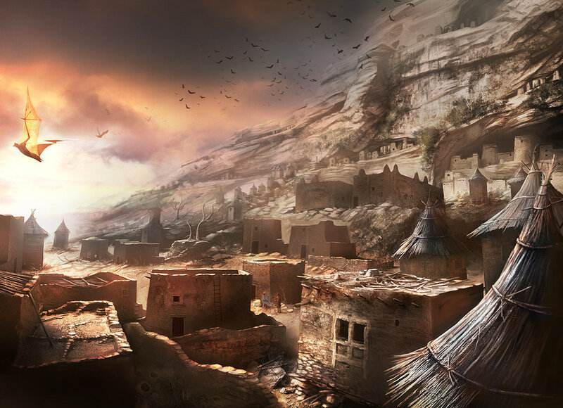 ancient village at sunset