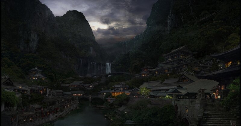 ancient village by waterfall
