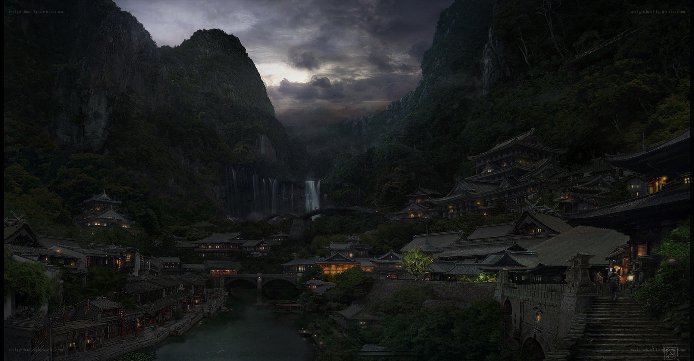 ancient village by waterfall