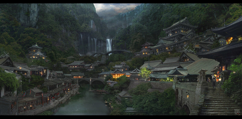 Ancient Village by Waterfall — Green