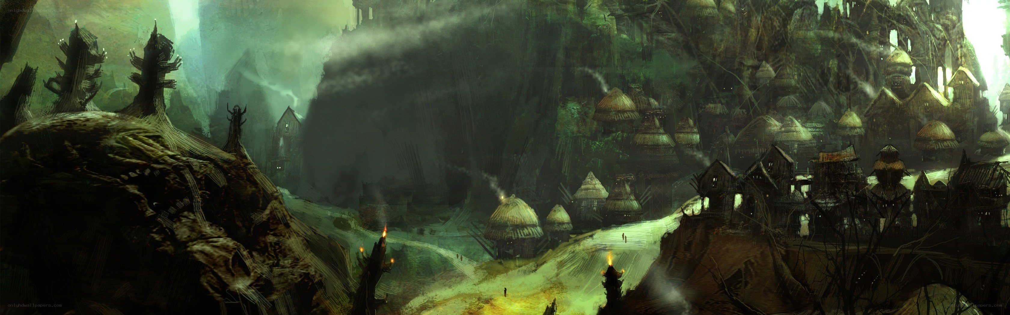 ancient village in misty forest