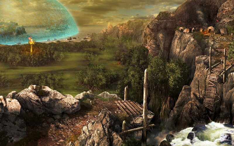 Ancient Village on Cliff — Green, Dramatic
