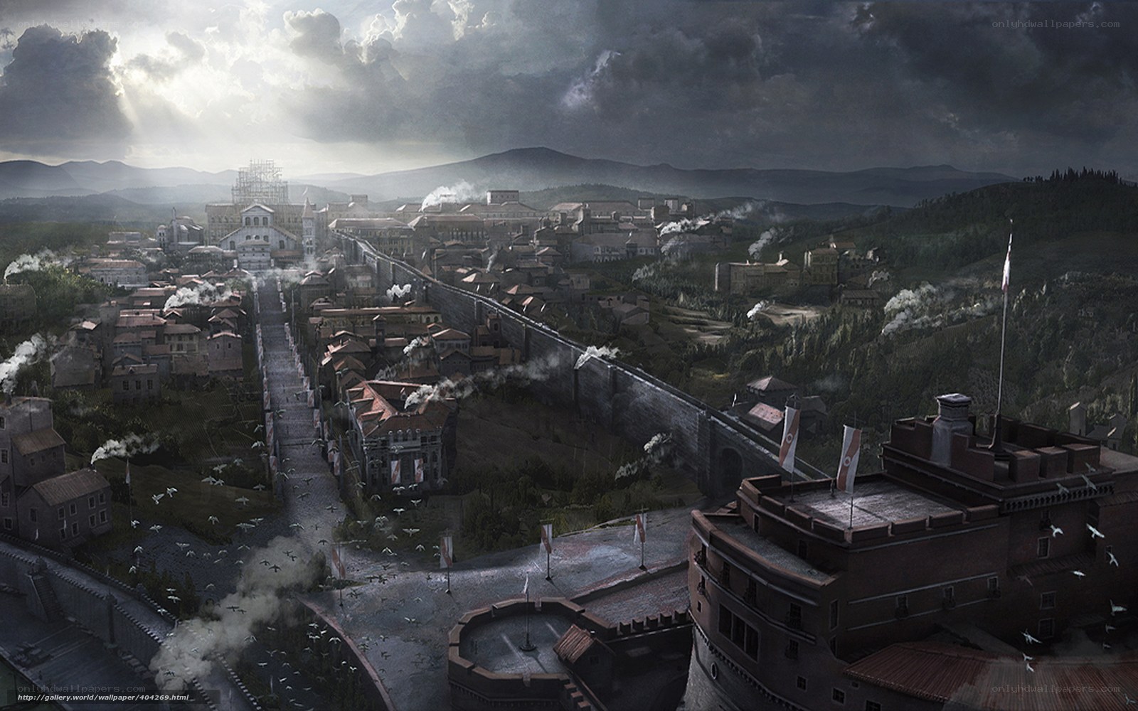 ancient walled city at dusk