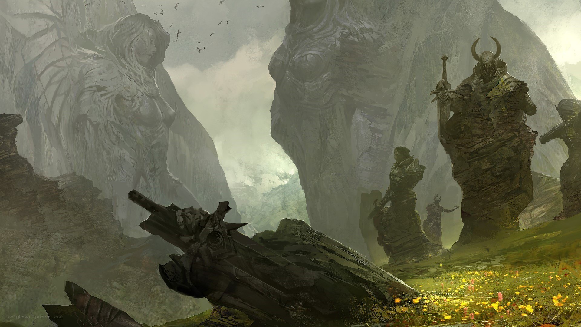 ancient warriors in a misty valley