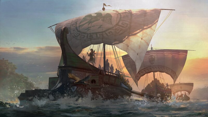 Ancient Warships at Sea — Blue, Dramatic