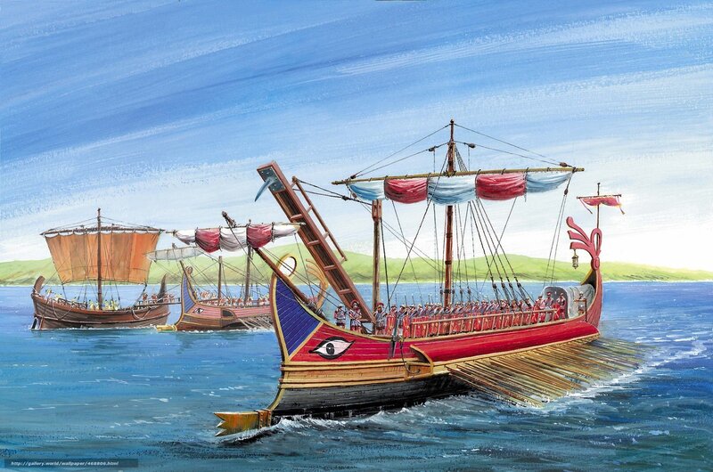 Ancient Warships at Sea — Blue