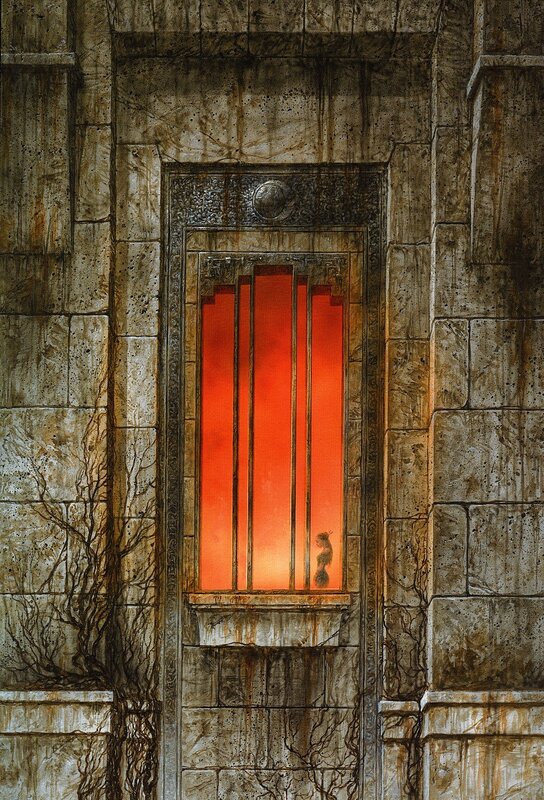 ancient window with red glow