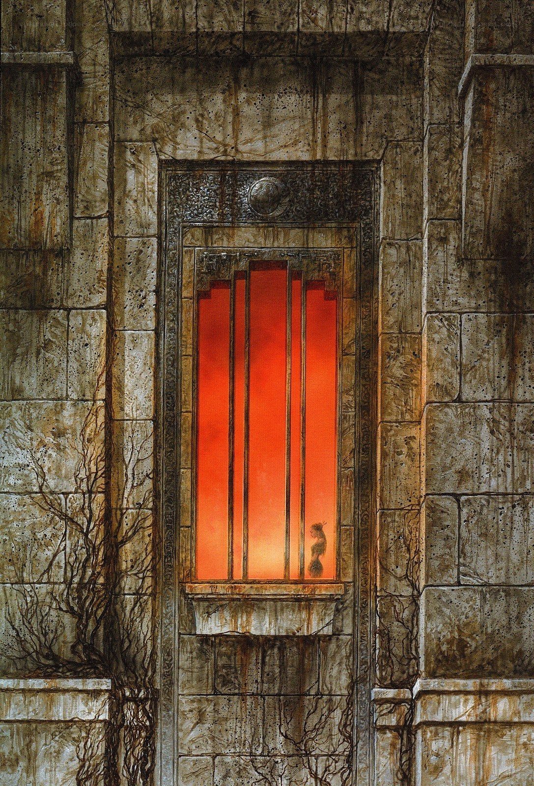 ancient window with red glow
