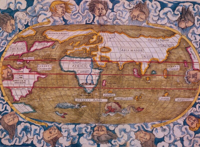 Ancient World Map — Blue, Dramatic, Illustration, Clouds, Faces