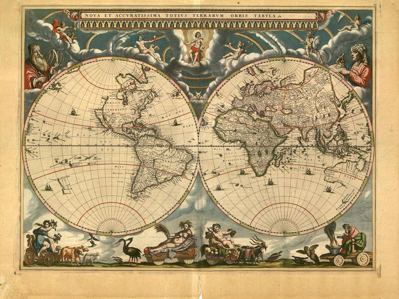 Ancient World Map — Blue, Dramatic, Illustration