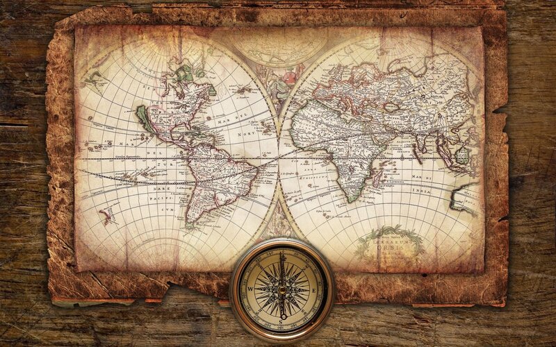 Ancient World Map — Brown, Historical, Illustration, Compass