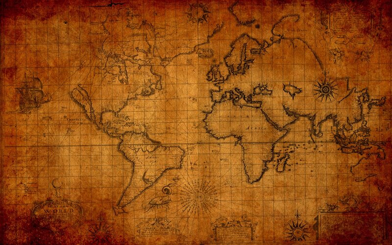 Ancient World Map — Brown, Historical, Illustration, Ship
