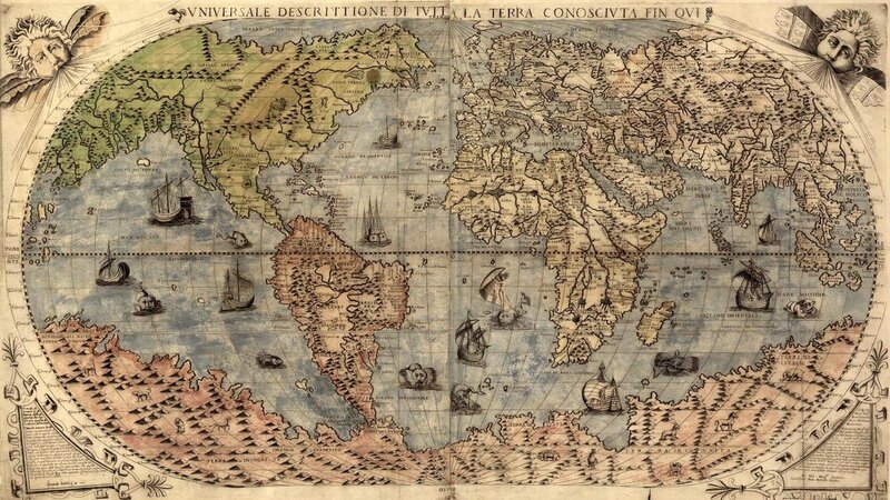 Ancient World Map — Brown, Historical, Illustration, Ships