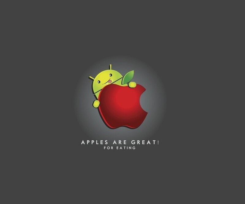 Android Character Eating Apple — Gray, Humorous, Digital Art