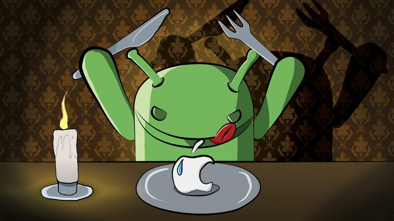 Android Character Eating Apple — Green, Dramatic