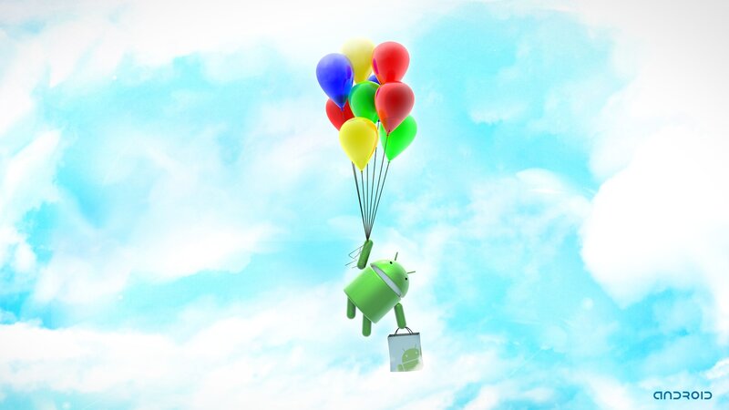 Android character with balloons