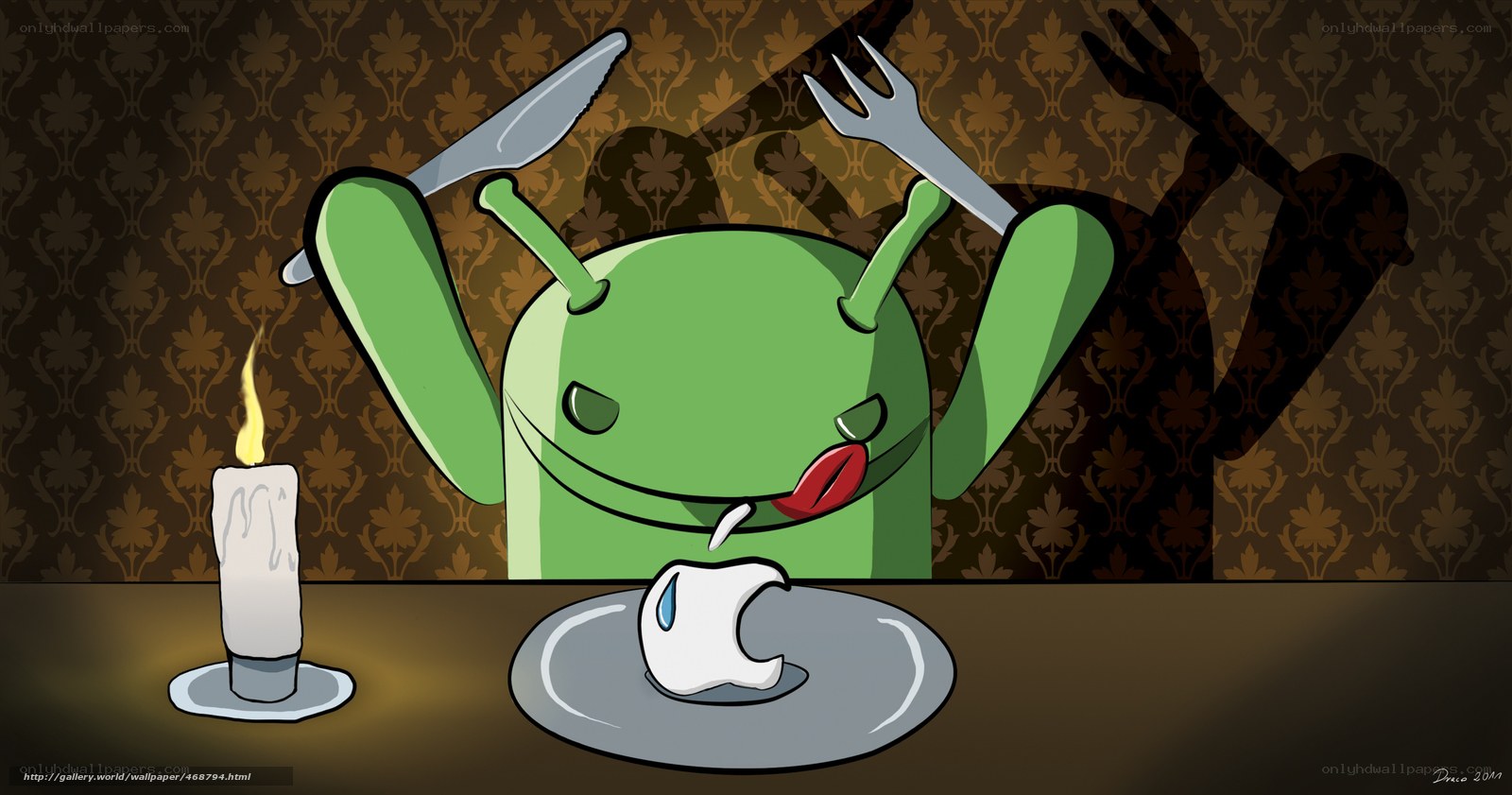 Android eating Apple logo