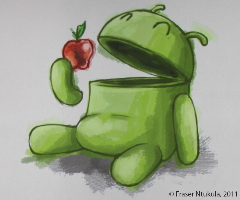 Android mascot eating apple