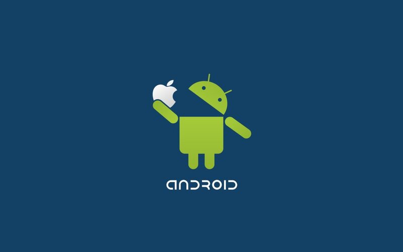 Android mascot holding Apple logo