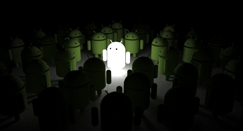 Android mascot in dark crowd